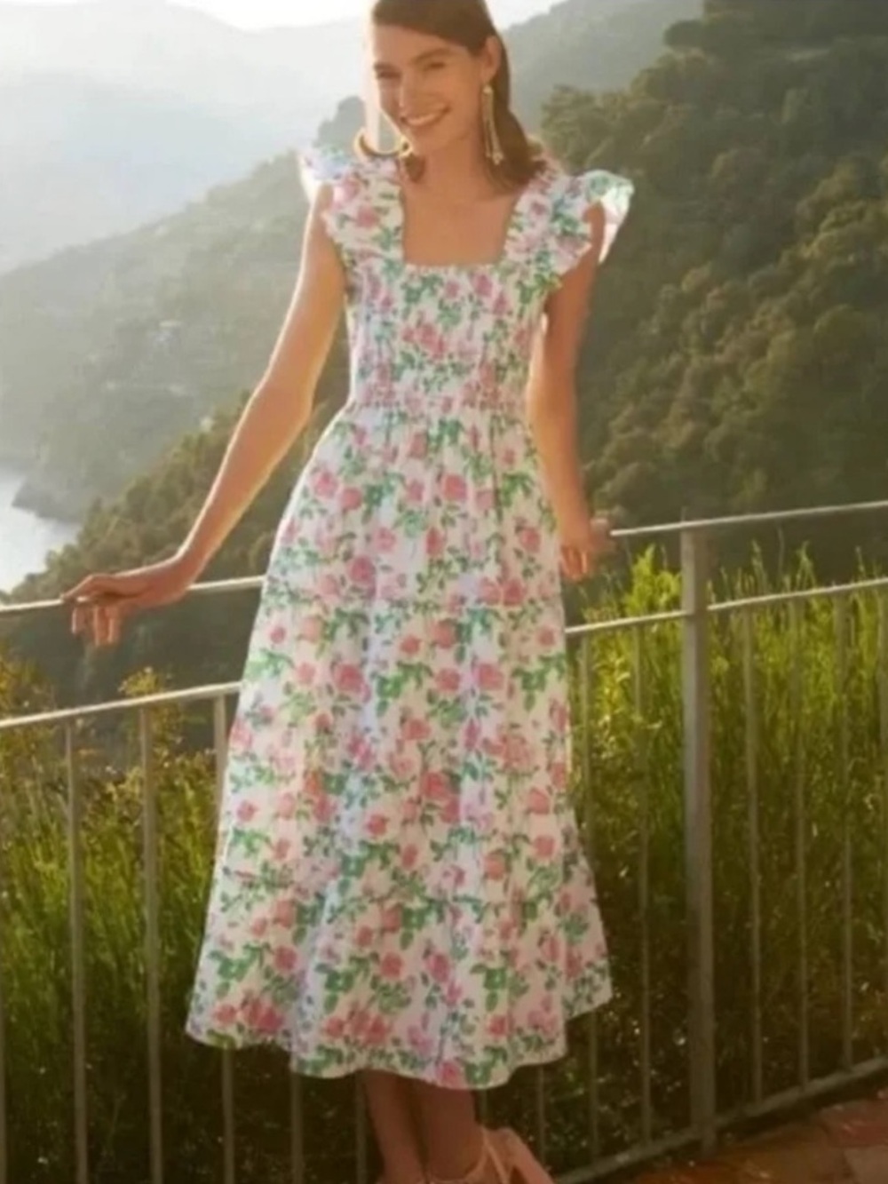 Hill House Floral Midi Dress in Pink & Green